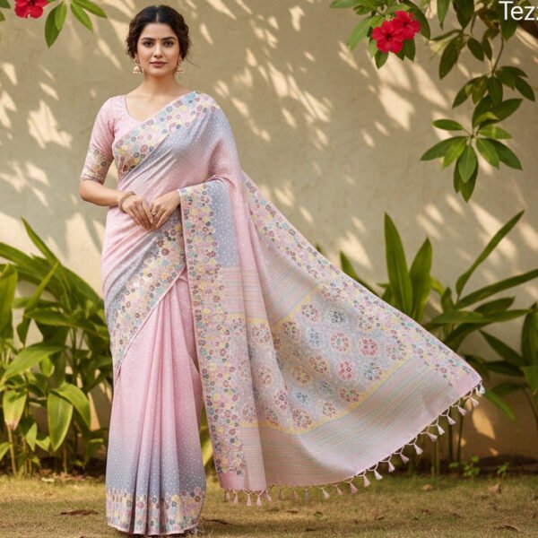 Pastel Floral Border Saree with Polka Dot Body | Elegant Soft Tone Designer Saree