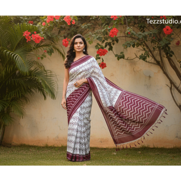 Classic Ikat Inspired Geometric Printed Saree with Contrast Pallu & Border