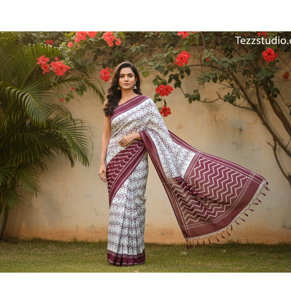 Classic Ikat Inspired Geometric Printed Saree with Contrast Pallu & Border