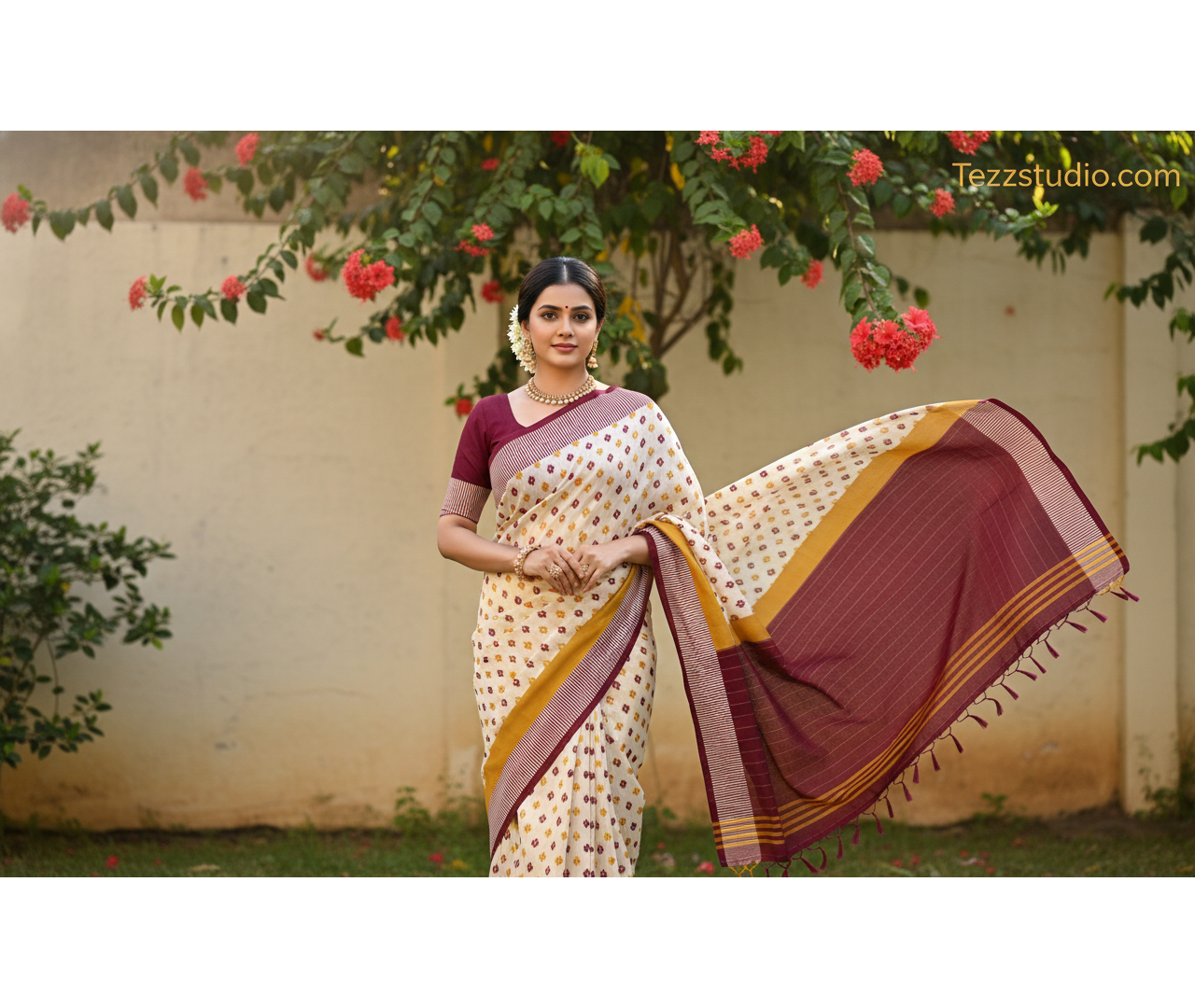 Traditional Ikat Inspired Allover Motif Saree with Contrast Pallu & Border