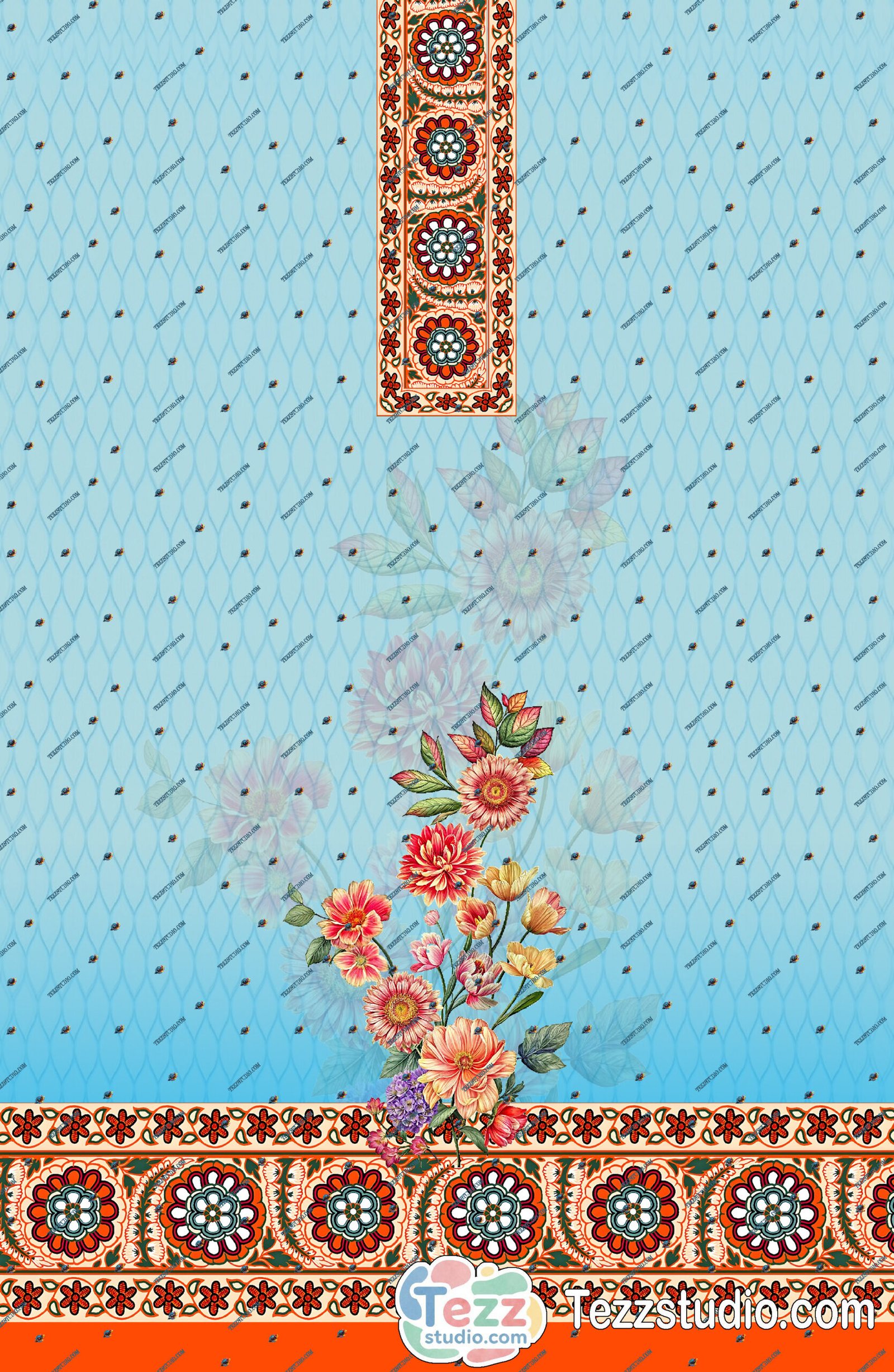 Sky Blue Floral Printed Kurti with Ethnic Border & Neck Panel Design - Image 4