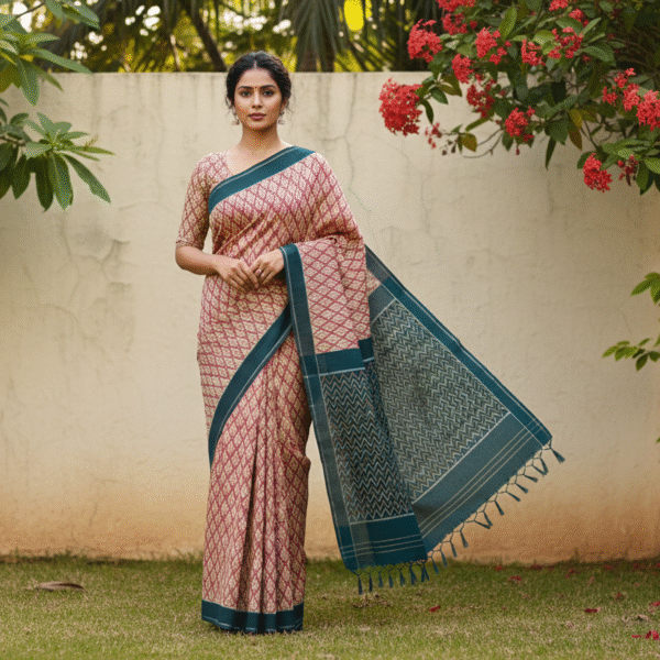 Elegant Leaf Motif Printed Saree with Geometric Zigzag Contrast Pallu