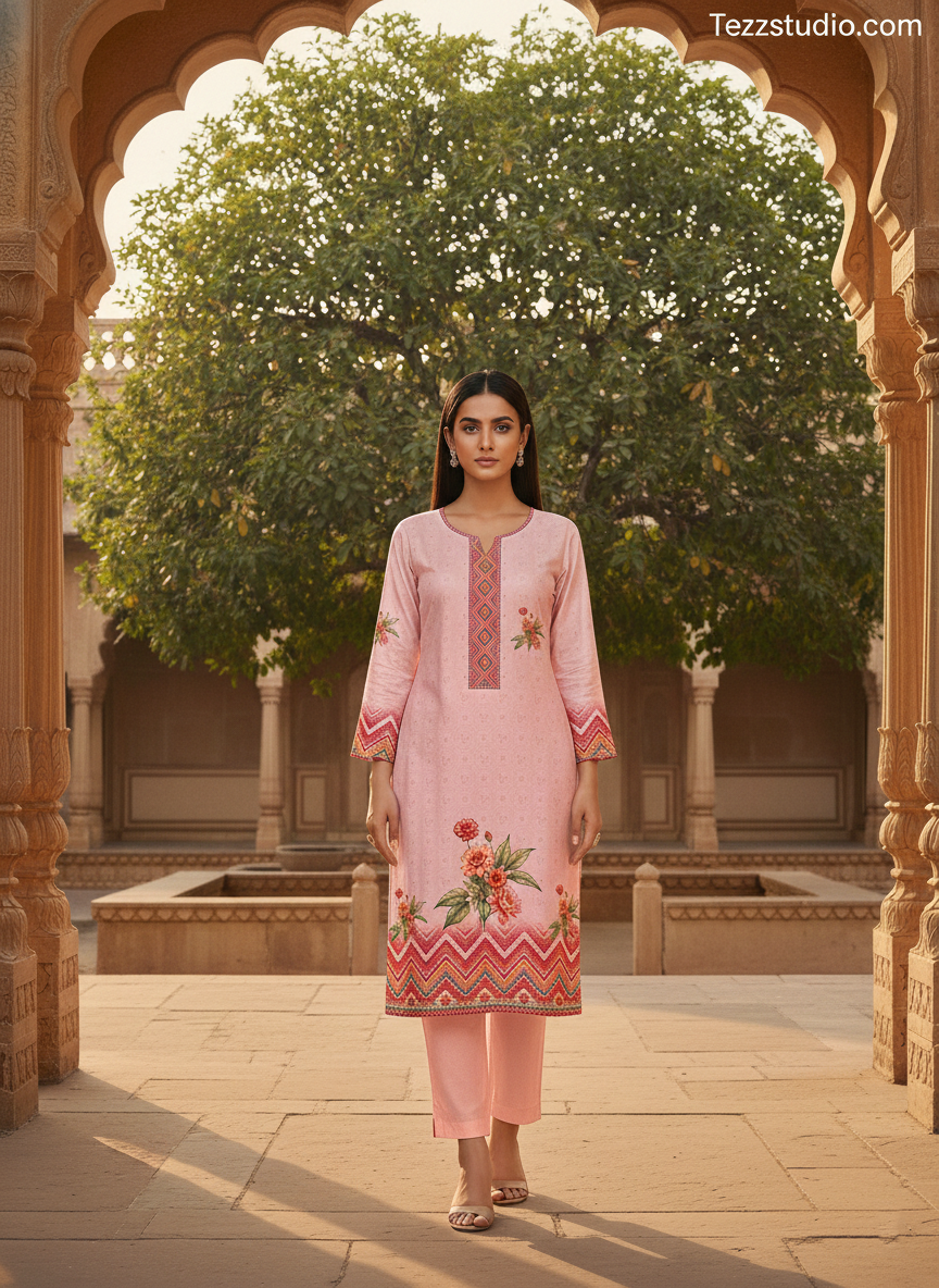 Elegant Floral Placement Kurti Design with Ethnic Border