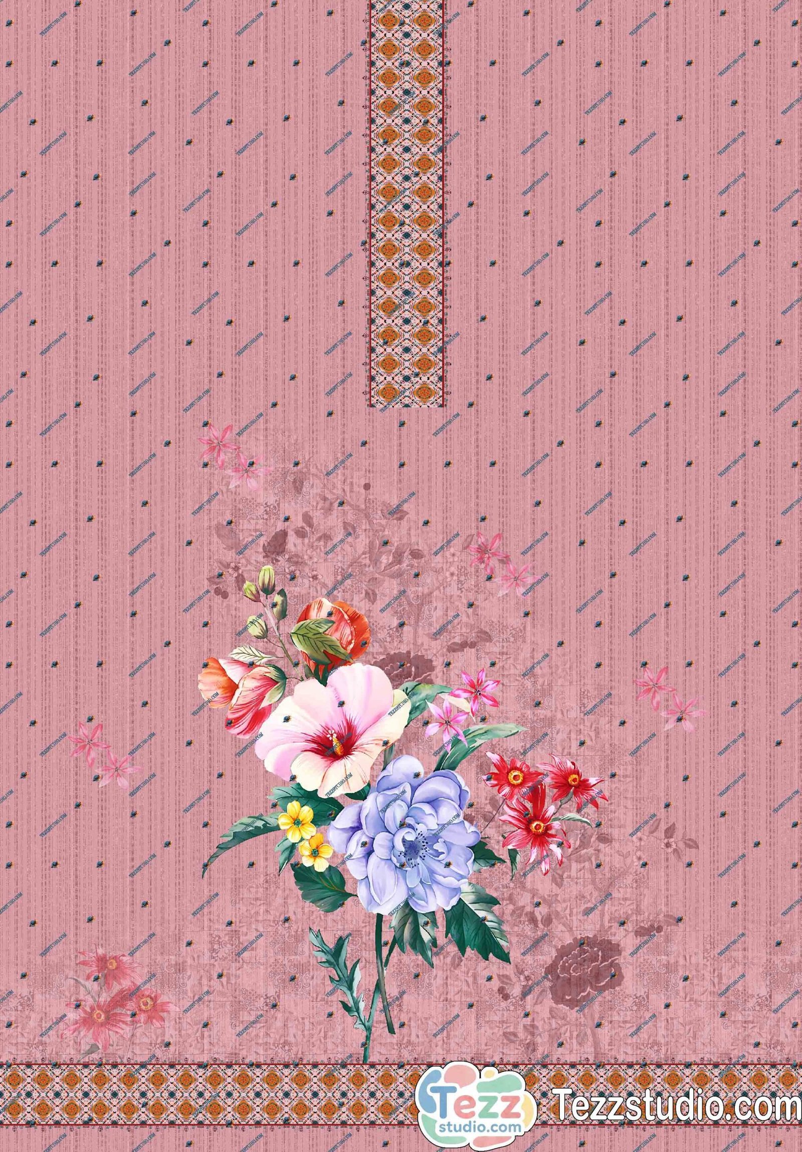 Pink Floral Placement Saree Design with Traditional Border | Digital Textile Print - Image 4