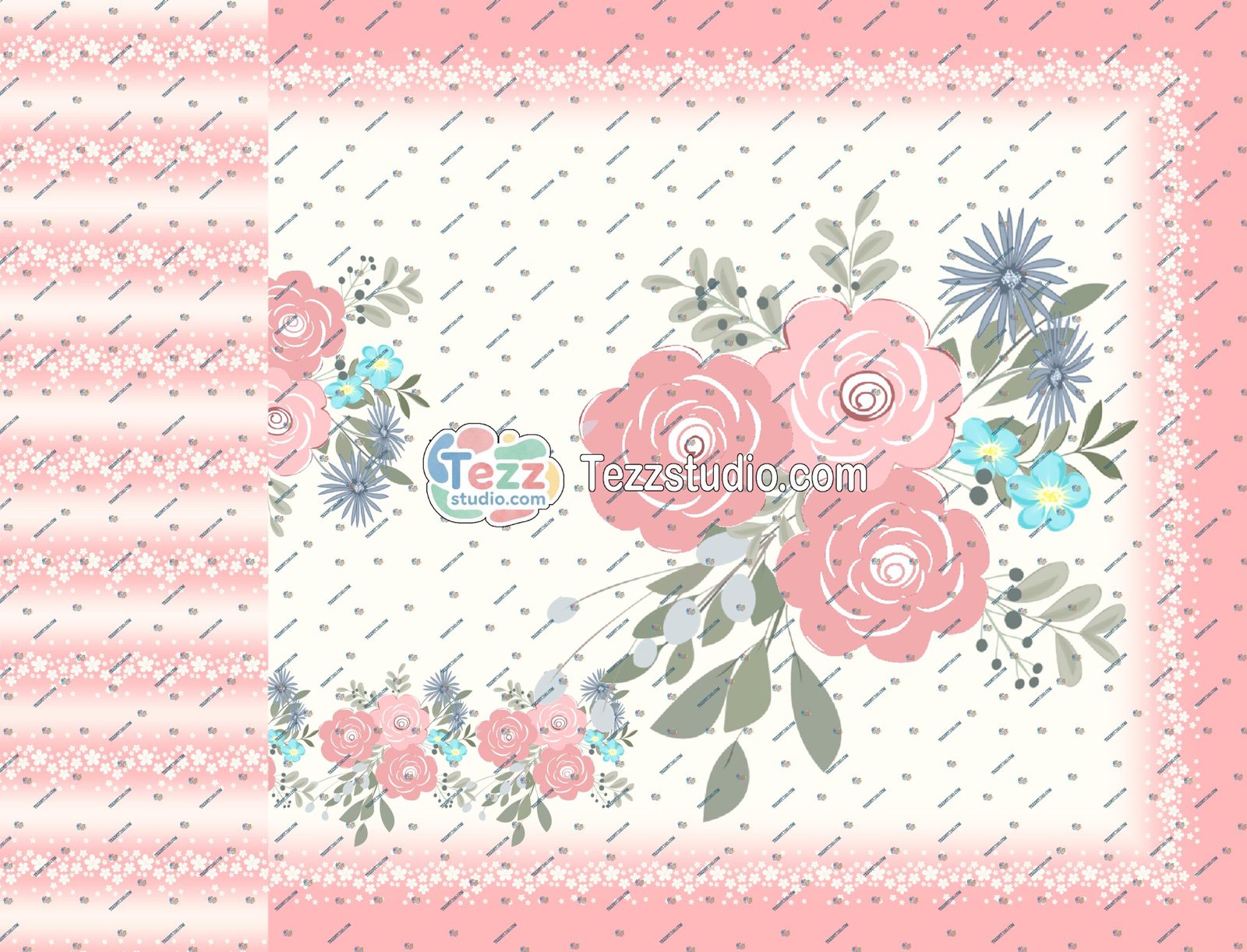 Pastel Floral Printed Saree with Elegant Border | Soft Pink Rose Design Saree - Image 2