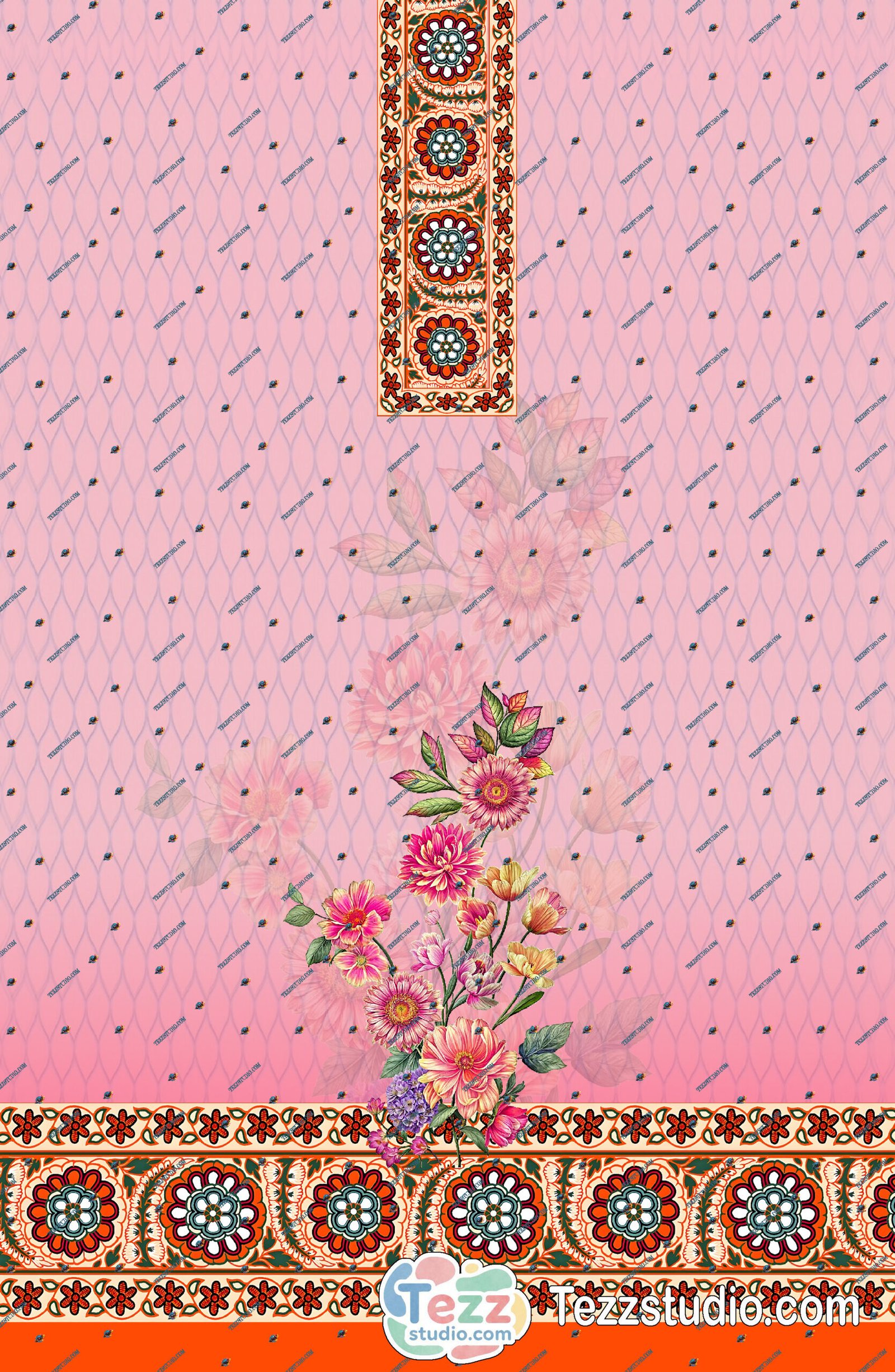 Sky Blue Floral Printed Kurti with Ethnic Border & Neck Panel Design - Image 5