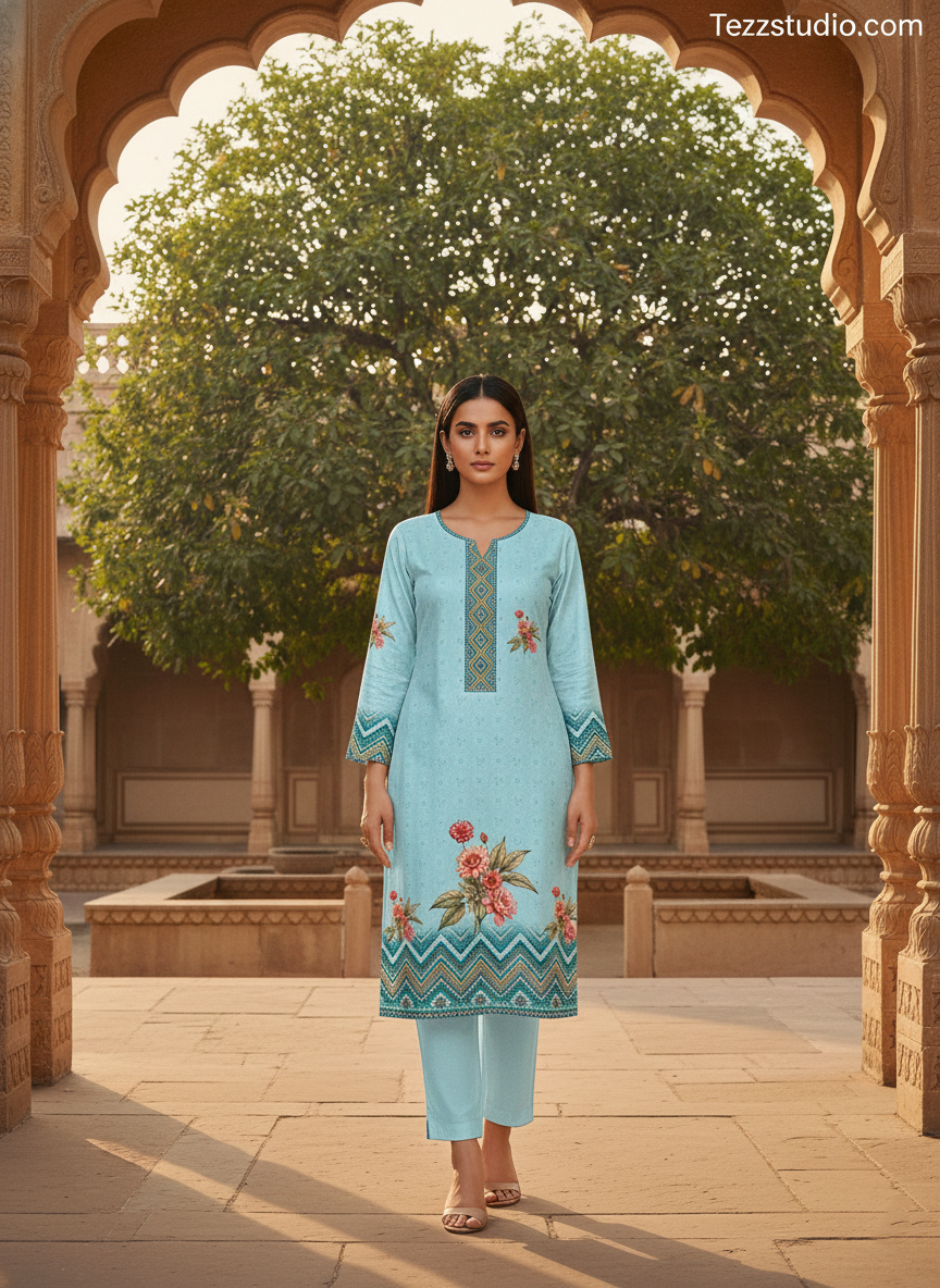 Elegant Floral Placement Kurti Design with Ethnic Border - Image 2