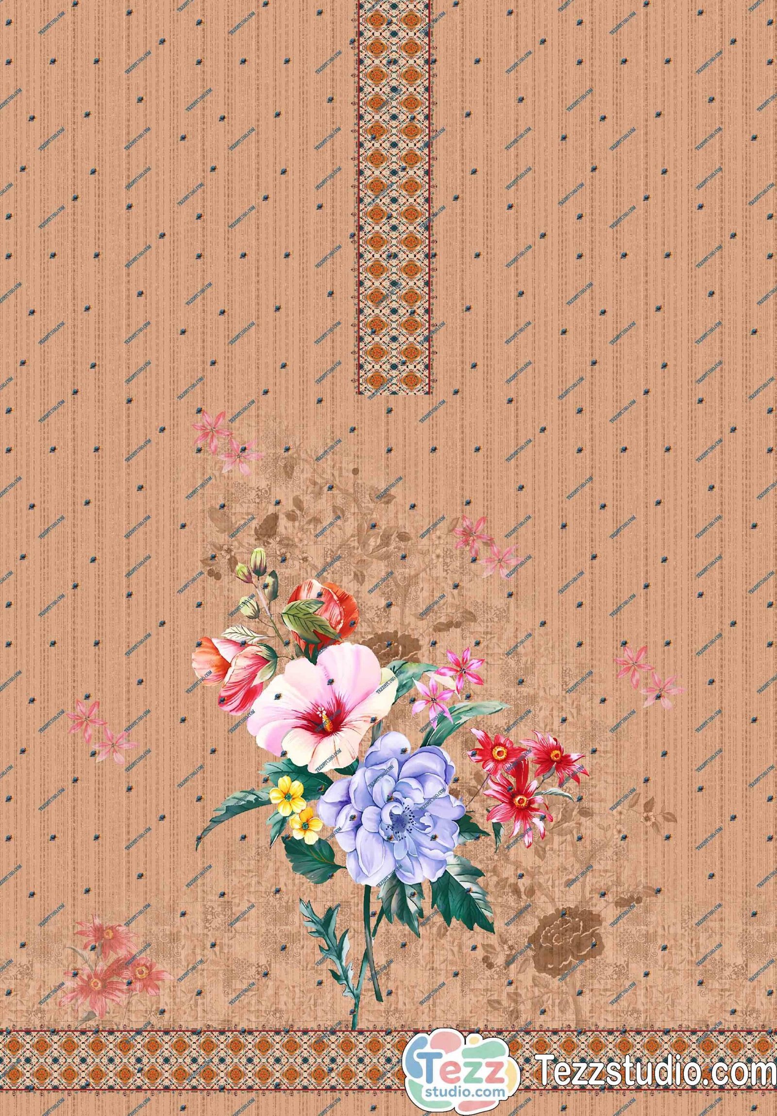 Pink Floral Placement Saree Design with Traditional Border | Digital Textile Print - Image 5