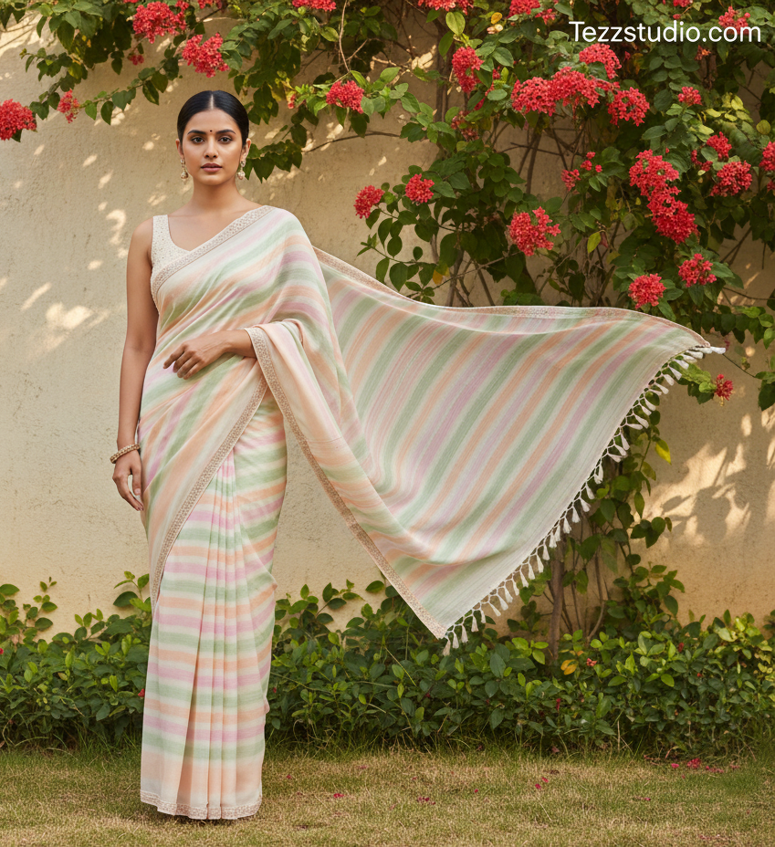 Elegant Pastel Gradient Stripe Saree | Soft Multicolor Horizontal Stripes | Premium Everyday Wear Saree