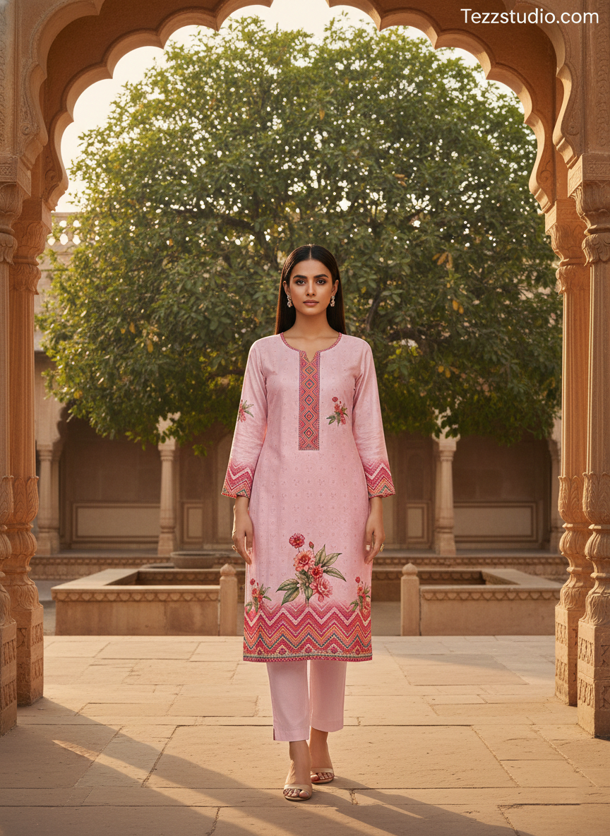 Elegant Floral Placement Kurti Design with Ethnic Border - Image 3