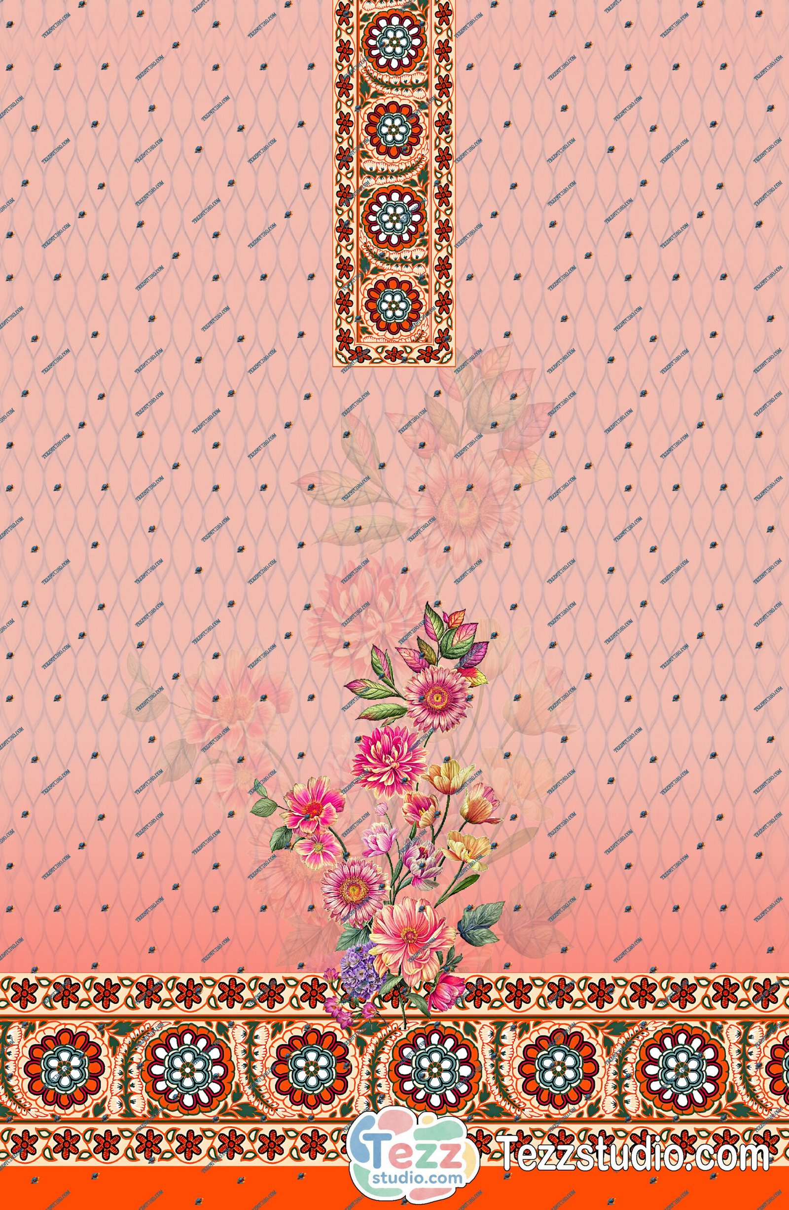 Sky Blue Floral Printed Kurti with Ethnic Border & Neck Panel Design - Image 6