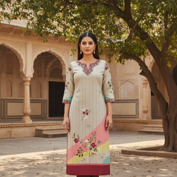 Pastel Floral Printed Kurti Fabric with Abstract Stripe Background – Elegant Daily Wear Design