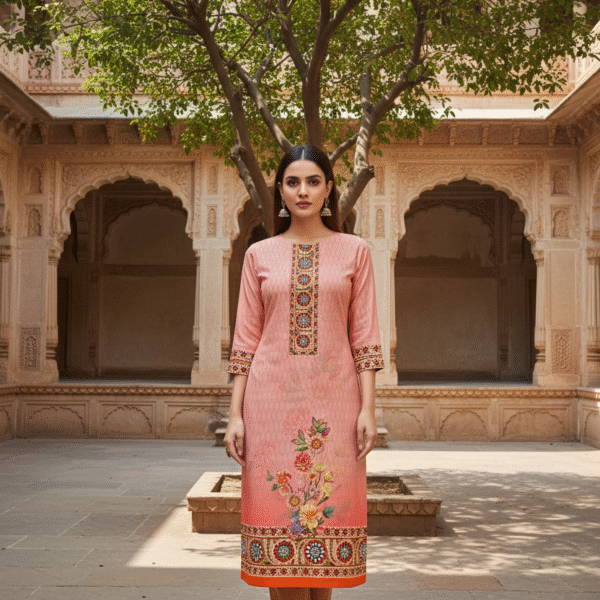 Sky Blue Floral Printed Kurti with Ethnic Border & Neck Panel Design