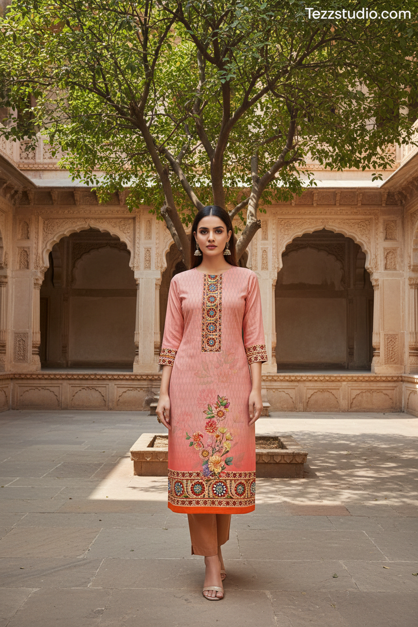 Sky Blue Floral Printed Kurti with Ethnic Border & Neck Panel Design