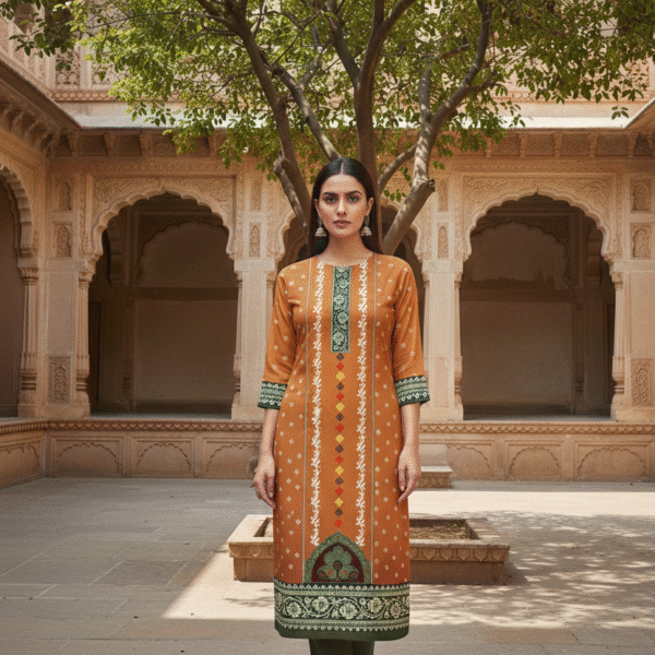 Traditional Printed Kurti with Ethnic Border, Central Panel & Mughal Motif