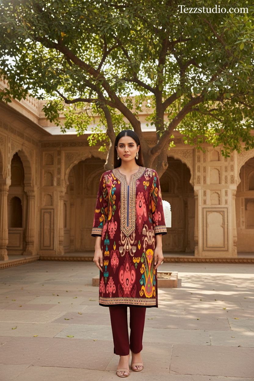 Bold Ethnic Printed Kurti with Ikat Motifs, Designer Neck Panel & Border