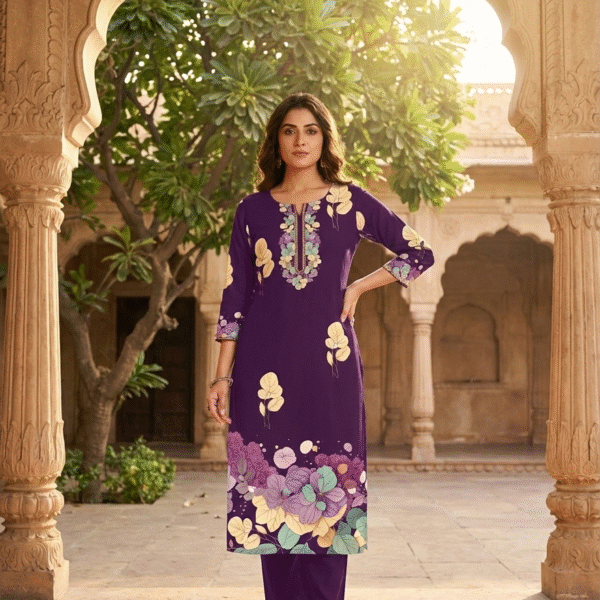 Elegant Floral Kurti Design with Pastel Leaves on Deep Purple Background