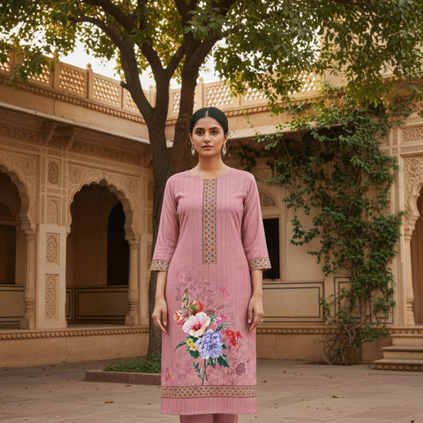 Pink Floral Placement Saree Design with Traditional Border | Digital Textile Print