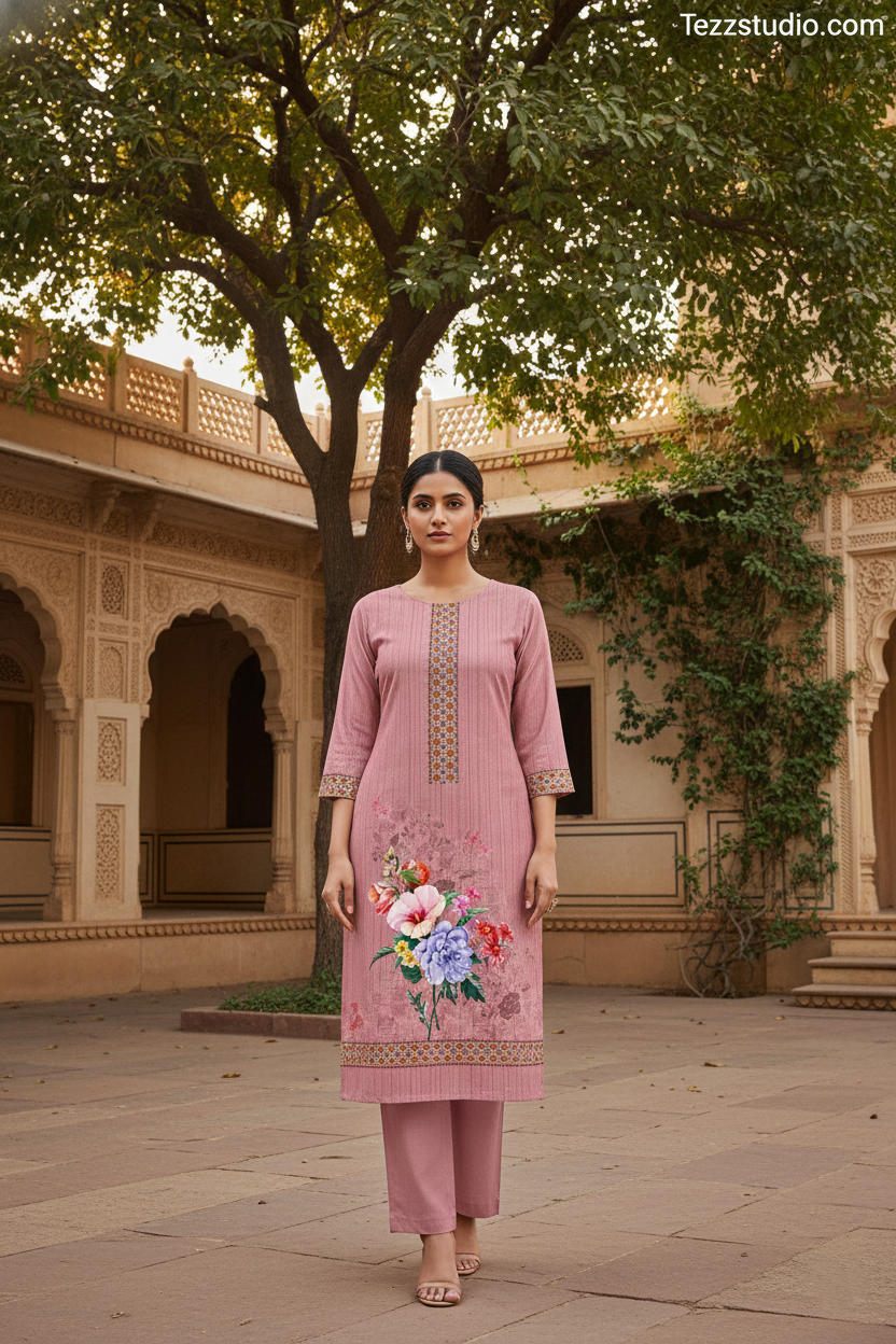 Pink Floral Placement Saree Design with Traditional Border | Digital Textile Print