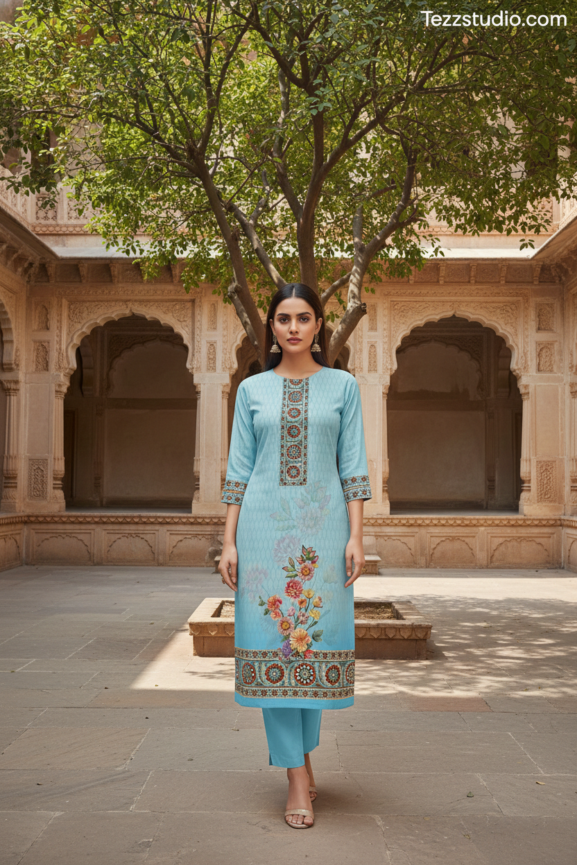 Sky Blue Floral Printed Kurti with Ethnic Border & Neck Panel Design - Image 2