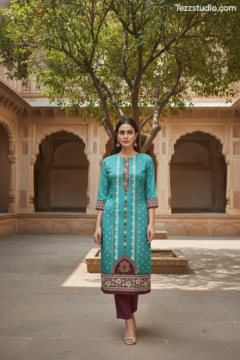 Traditional Printed Kurti with Ethnic Border, Central Panel & Mughal Motif - Image 2
