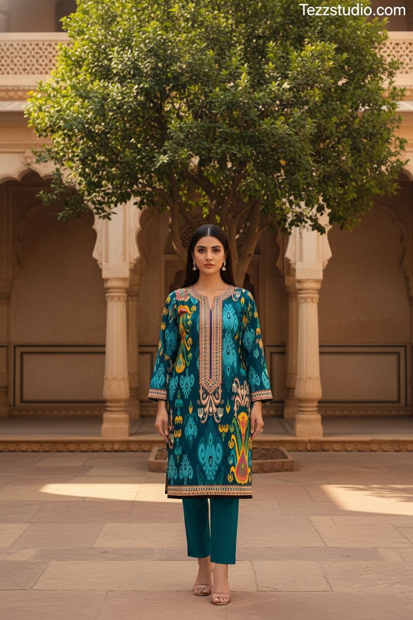 Bold Ethnic Printed Kurti with Ikat Motifs, Designer Neck Panel & Border - Image 2