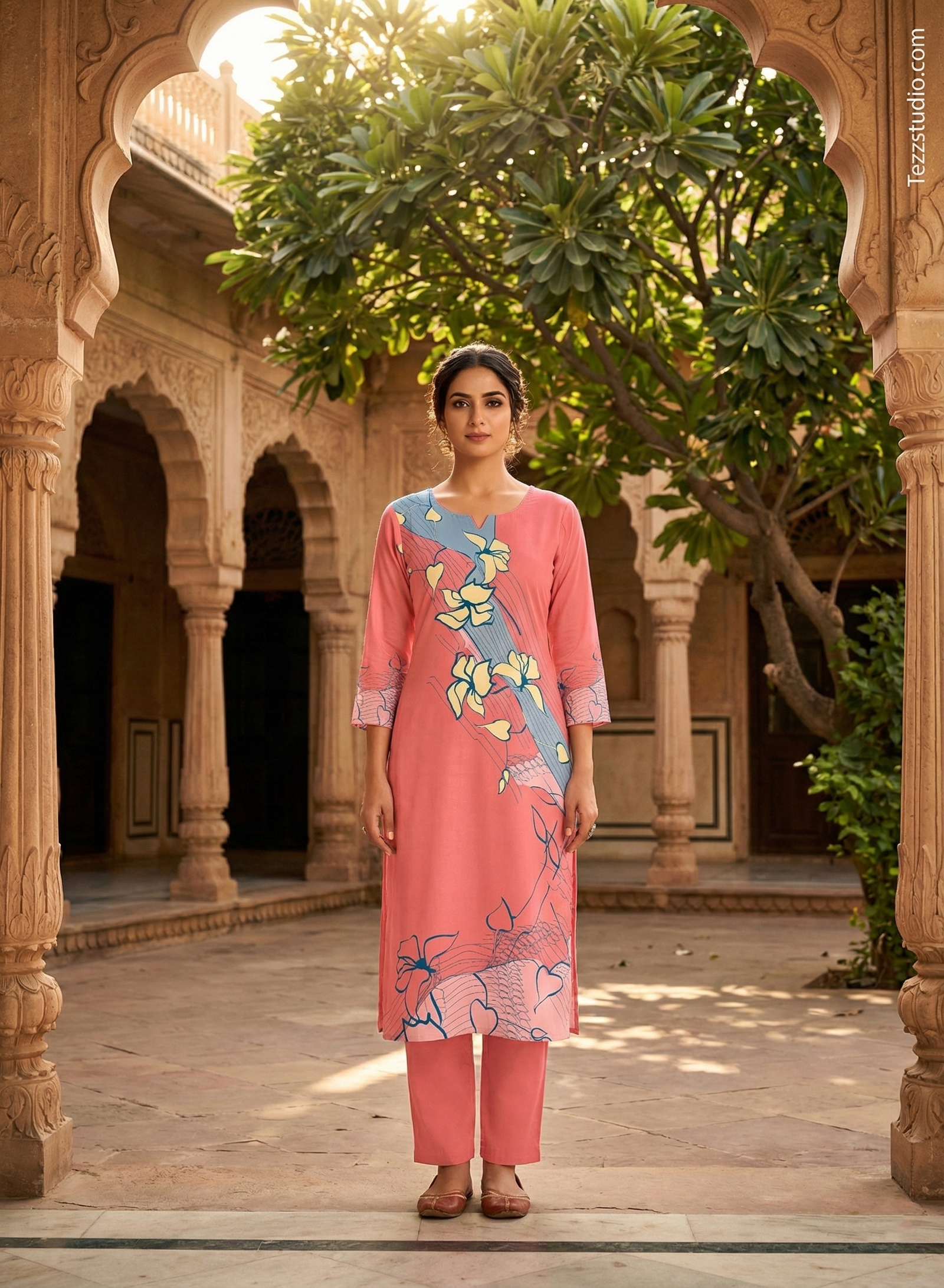 Elegant Floral Abstract Print Kurti Fabric – Pastel Flow Design
