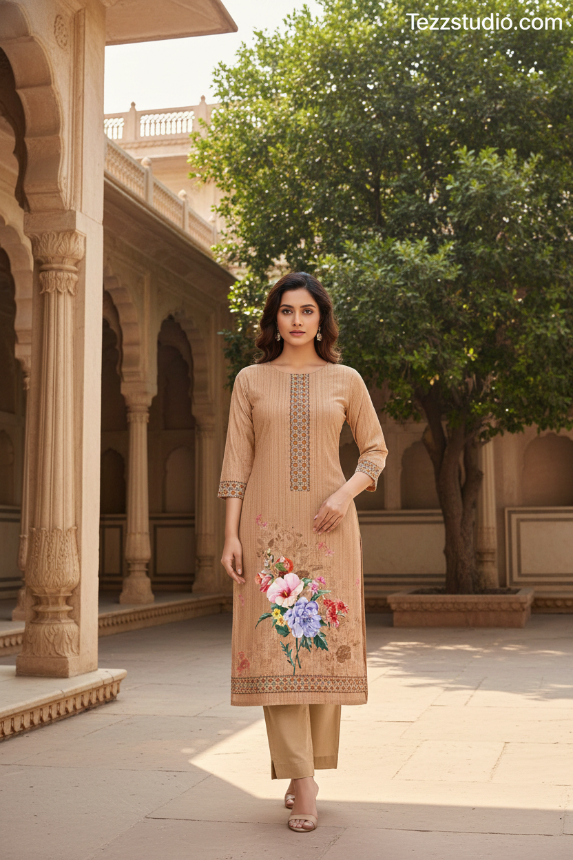 Pink Floral Placement Saree Design with Traditional Border | Digital Textile Print - Image 2