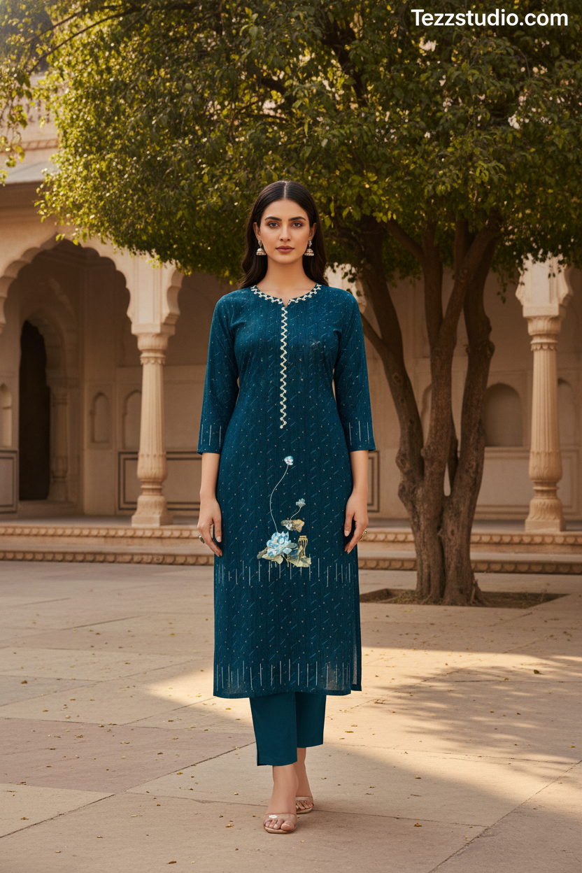 Elegant Lotus Floral Printed Kurti with Vertical Border Design – Premium Ethnic Wear - Image 2