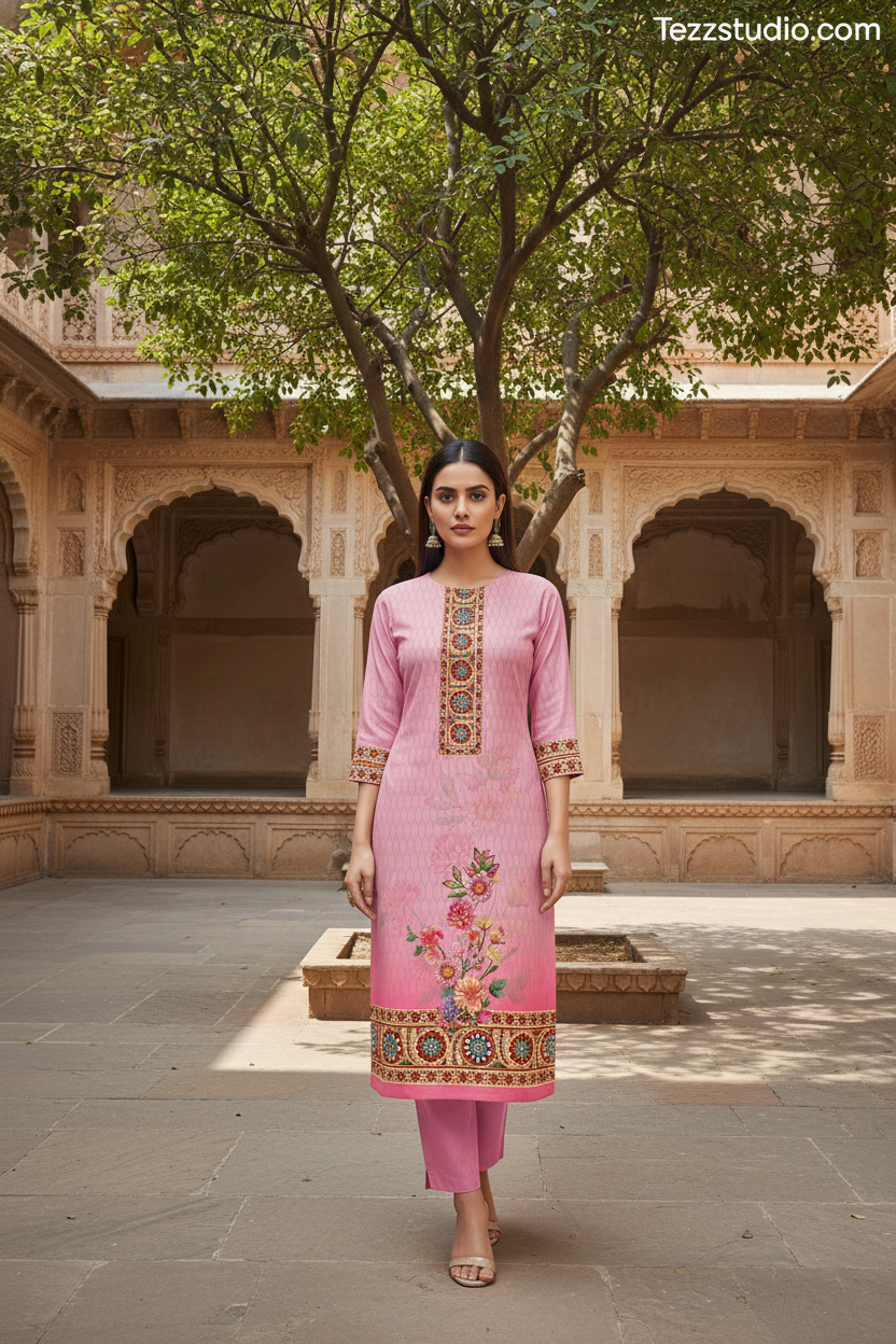 Sky Blue Floral Printed Kurti with Ethnic Border & Neck Panel Design - Image 3