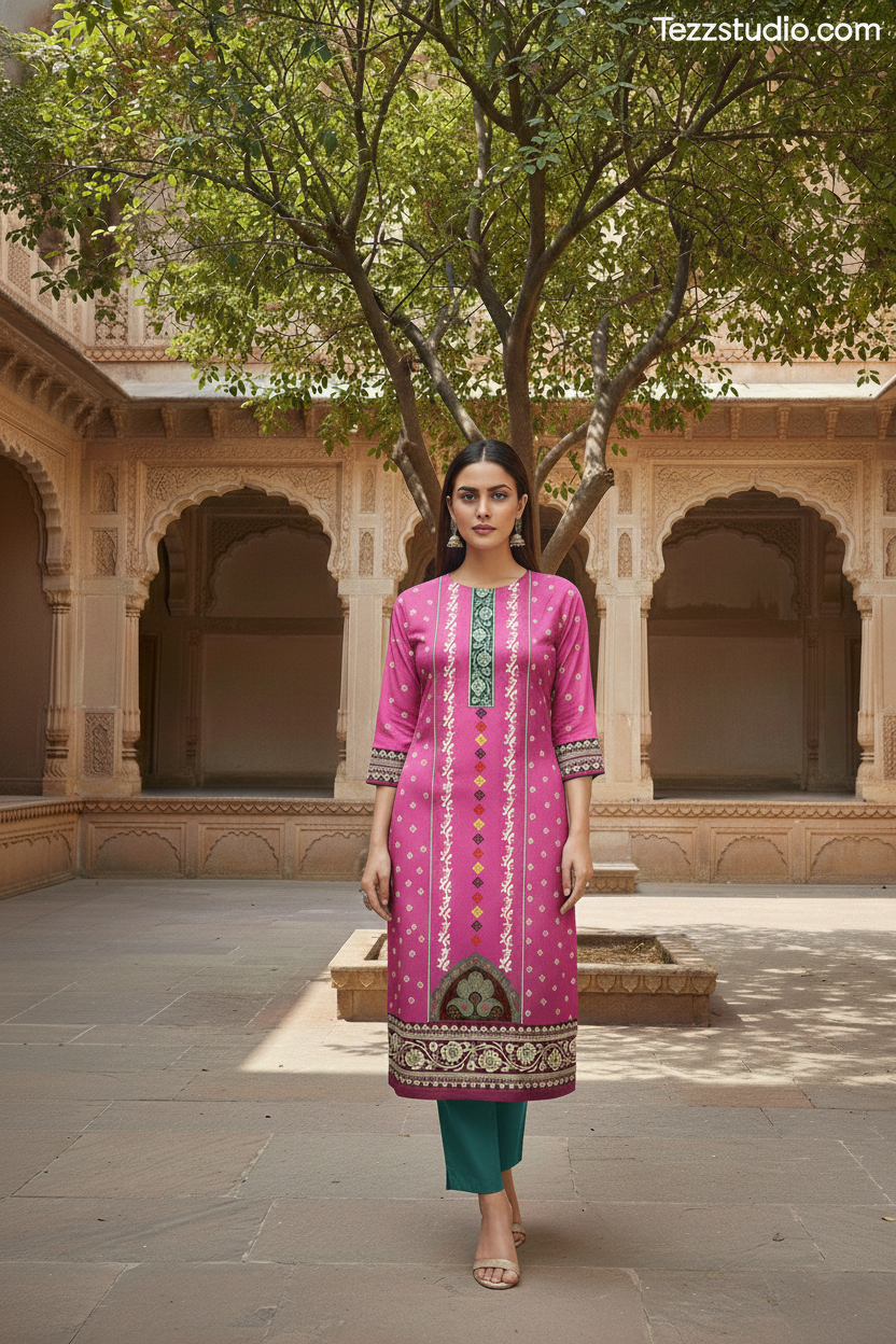 Traditional Printed Kurti with Ethnic Border, Central Panel & Mughal Motif - Image 3