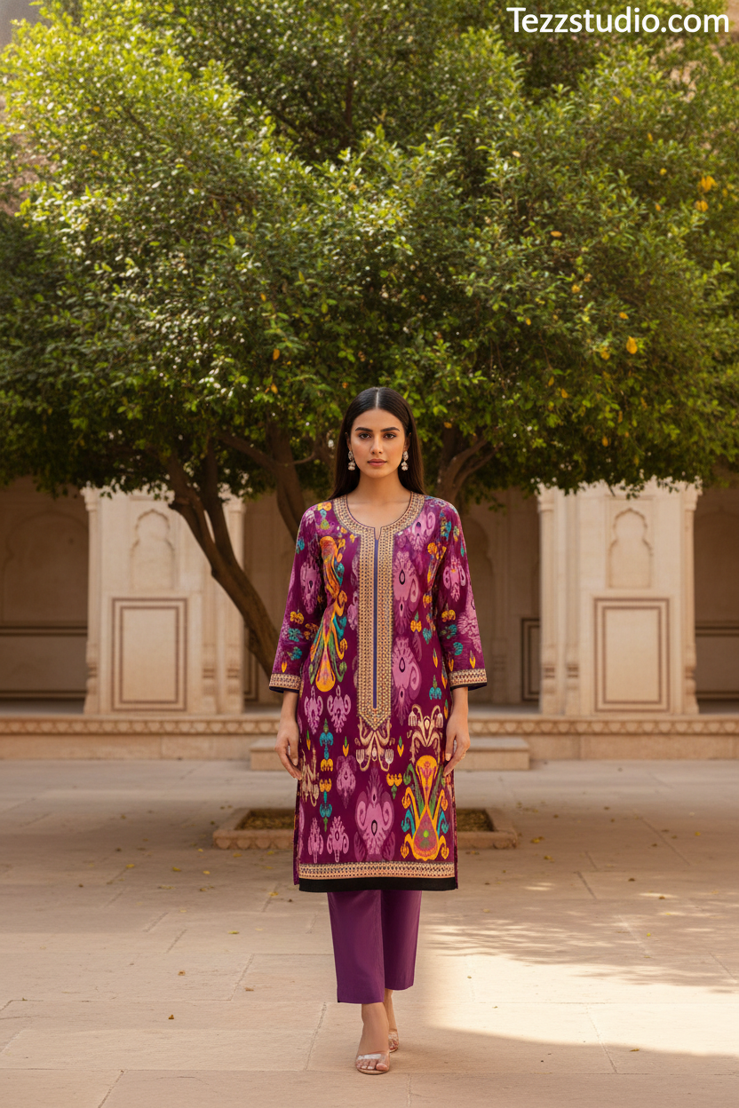 Bold Ethnic Printed Kurti with Ikat Motifs, Designer Neck Panel & Border - Image 3