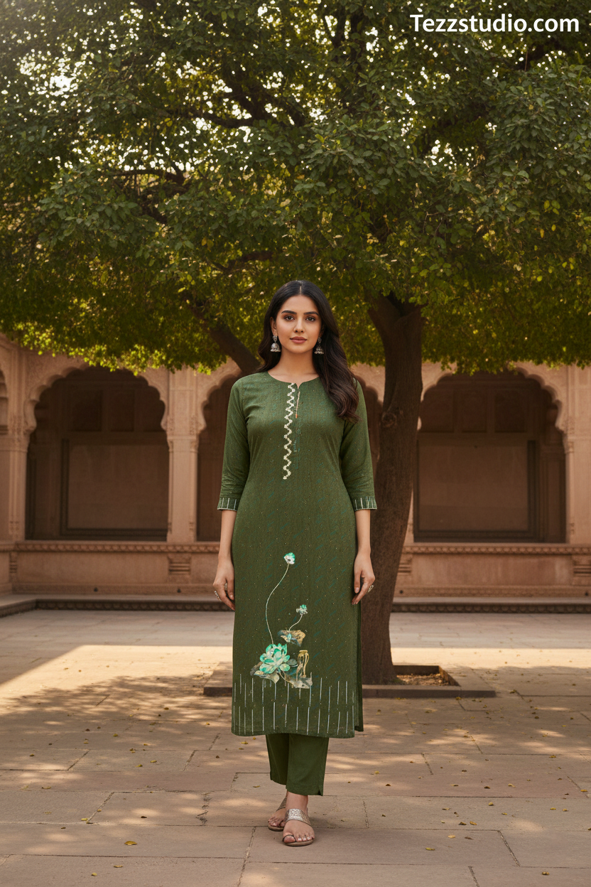 Elegant Lotus Floral Printed Kurti with Vertical Border Design – Premium Ethnic Wear - Image 3