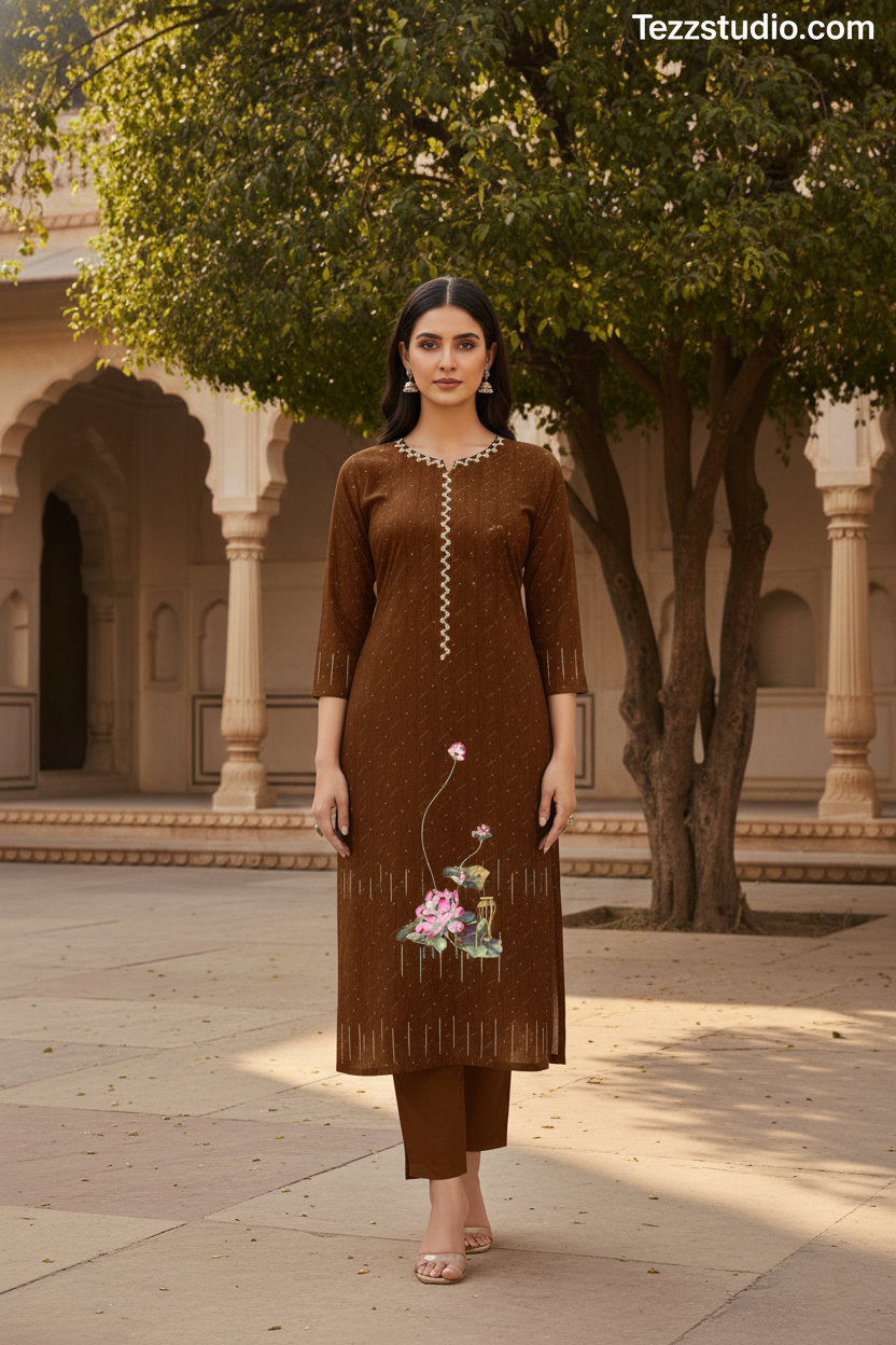 Elegant Lotus Floral Printed Kurti with Vertical Border Design – Premium Ethnic Wear - Image 4